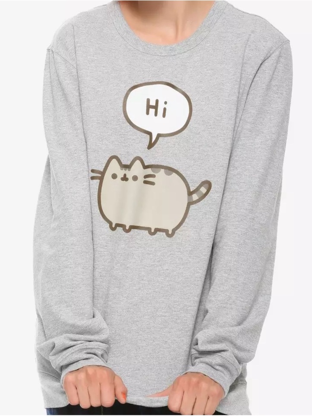 Pusheen Light Gray Long Sleeve Shirt with Beige Cat Graphic